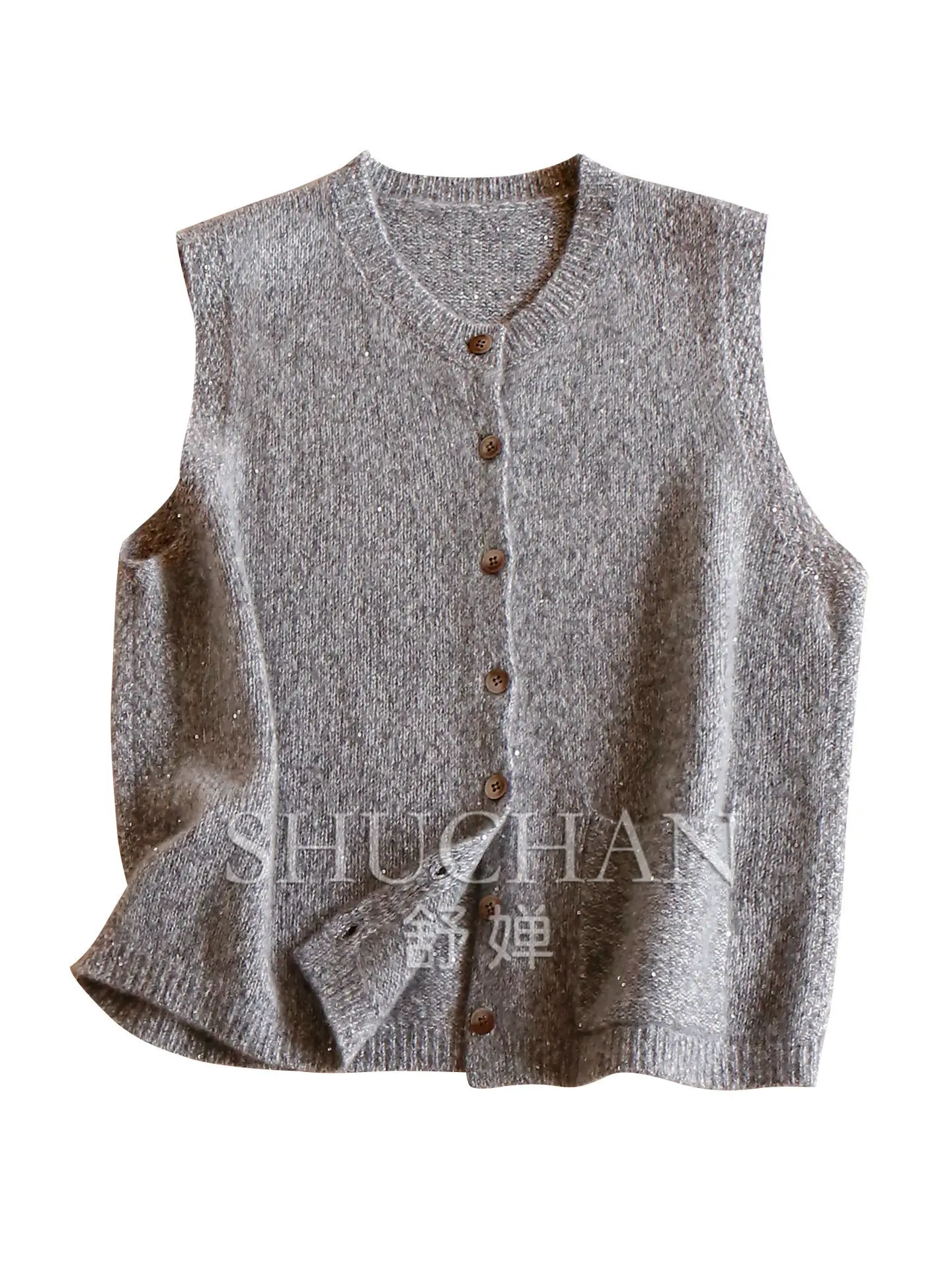 Fairy Stacking, French Fine Glitter Yarn Cashmere Silk Small Stand-up Neck Sweater Vest Female 89W5