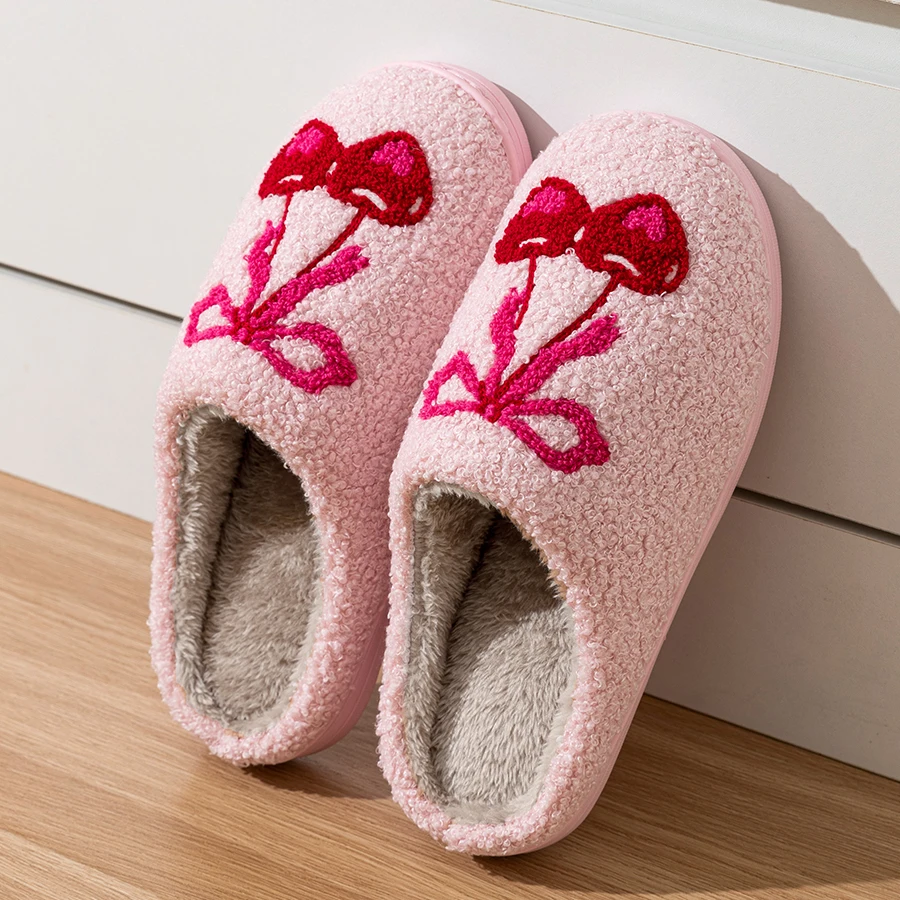 Cute Cherry Bow Embroidered Pattern Women's Slippers Winter Indoor Leisure Girl's Home Soft Sole Warm Comfy Bedroom Plush Shoes