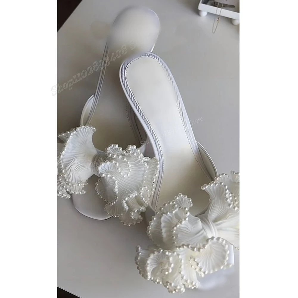 White Mesh Round Pearls Slippers Butterfly Knot Stiletto High Heel Fashion Sexy Women Shoes 2024 Summer Zapatos Para Mujere