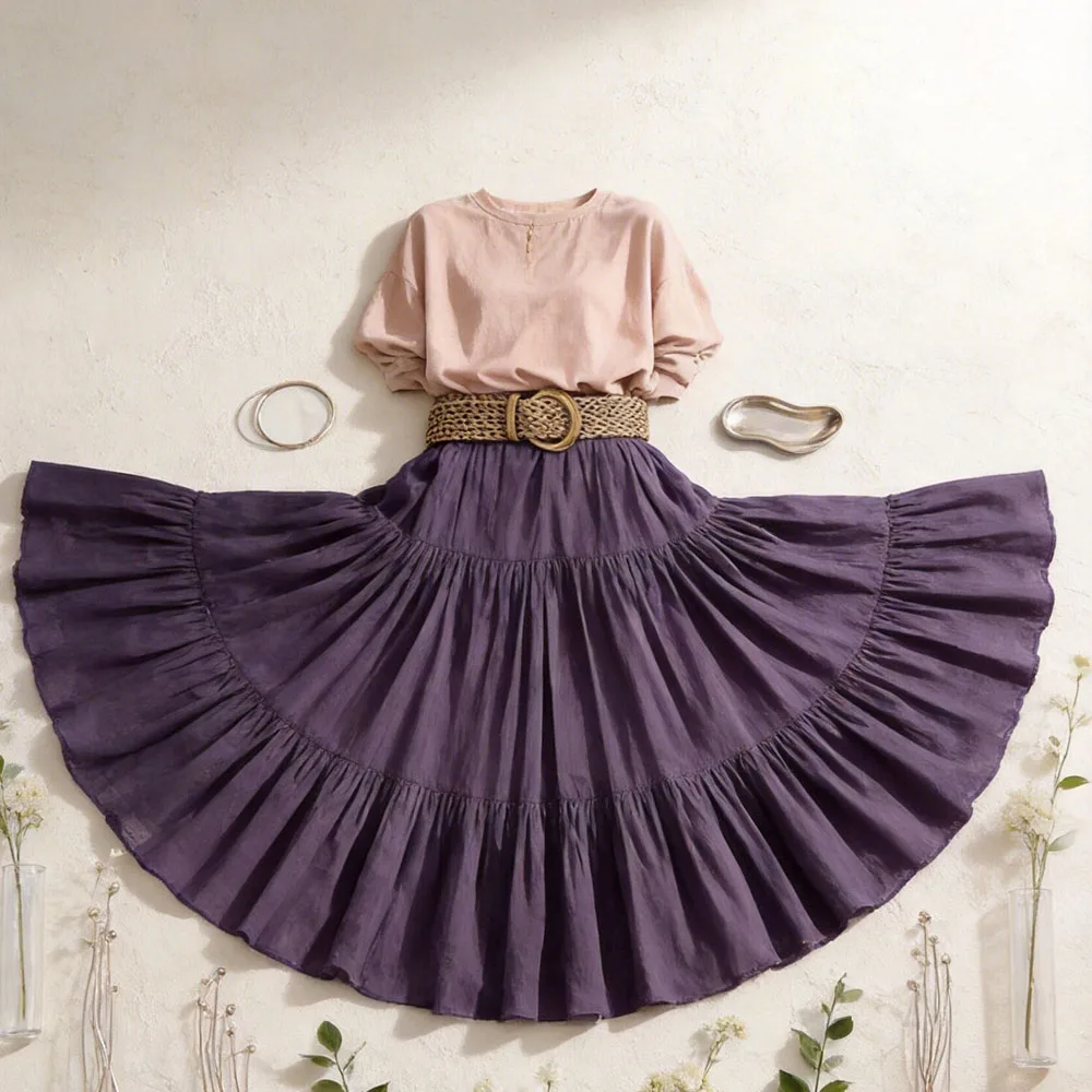 

Повседневная длинная юбка макси для женщин, с высокой талией, оборками и широким подолом, однотонная, для работы и путешествий