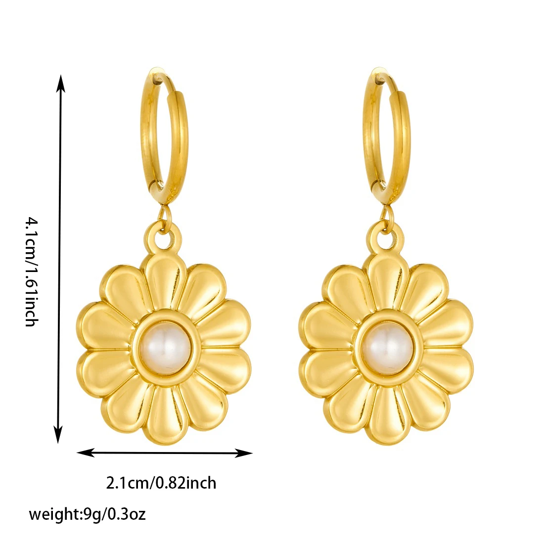 DIEYURO 316L Stainless Steel Golden Exquisite Petal Flower Inlay Pearl Pendant Earrings Lady Fashion Classic Ear Studs Jewelry
