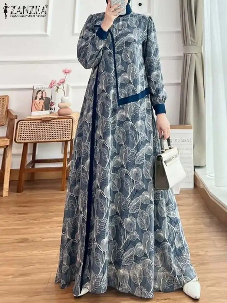 

ZANZEA Bohemian Leaves Print Maxi Vestidos Muslim Elegant Long Sleeve Women Long Robes Kaftan Fashion Loose O Neck Abaya Dress