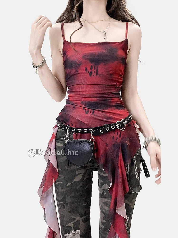 REDDACHiC Dark Punk Ruffle Fringe Top Women Gothic Red Tie Dye Mesh Camisole Sleeveless Vest Night Out Concert Festival Outfit
