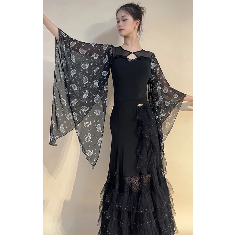 Vêtements de danse de salon pour femmes, Costume de spectacle, manches en mousseline de soie, hauts, jupe en dentelle, robe de danse valse, vêtements de compétition BL16766