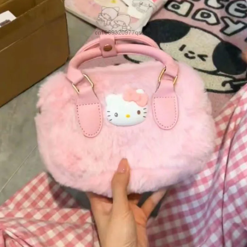 Hello Kitty Pink słodka torebka Fury z koreańskim stylem Y2k Sanrio Crossbody na ramię puszyste etui na zamek torby studenckie dziewczęce