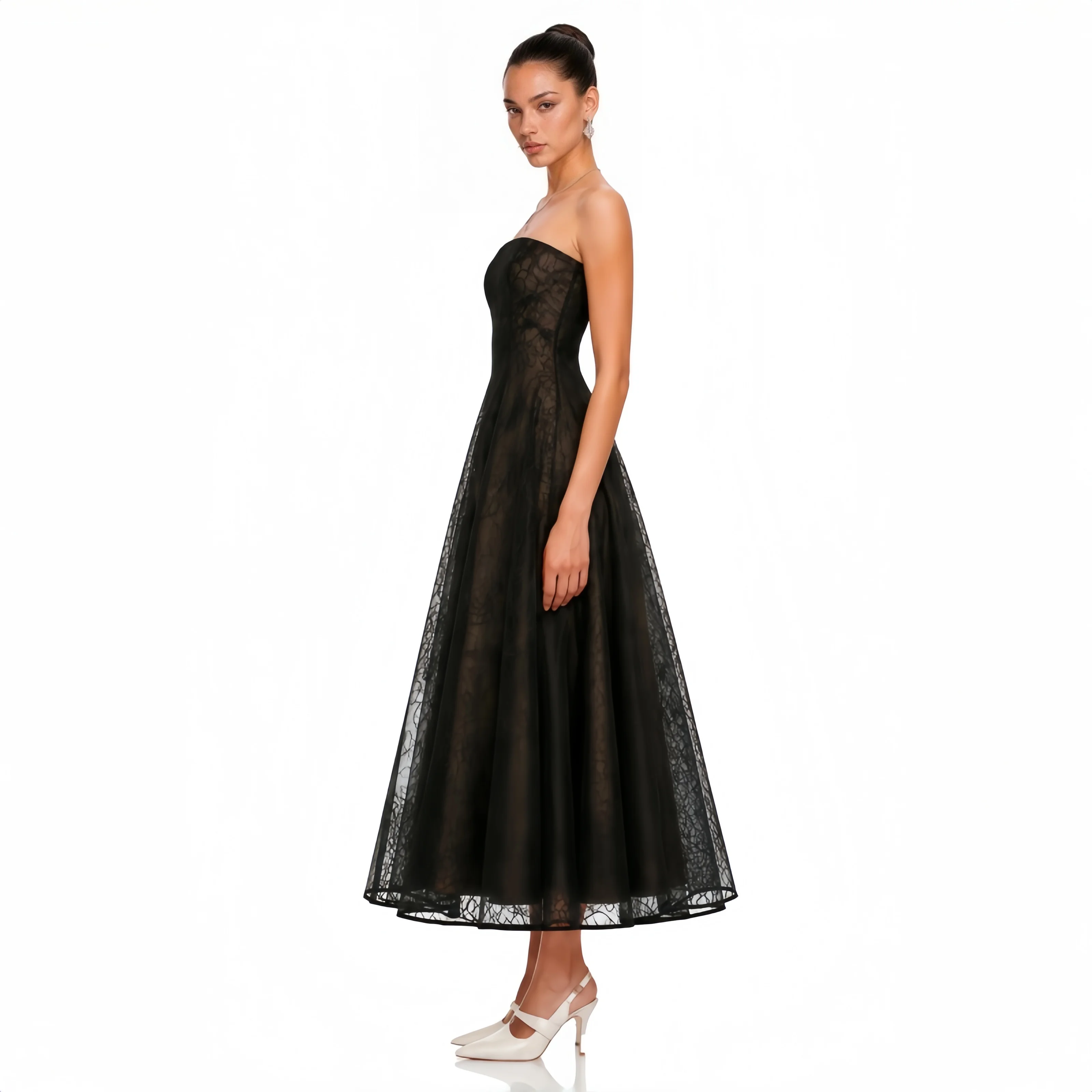 Black Lace Prom Gown Strapless A Line Danceing Show Elegance Evening Dresses Formal Black Dress Party Dress Customized