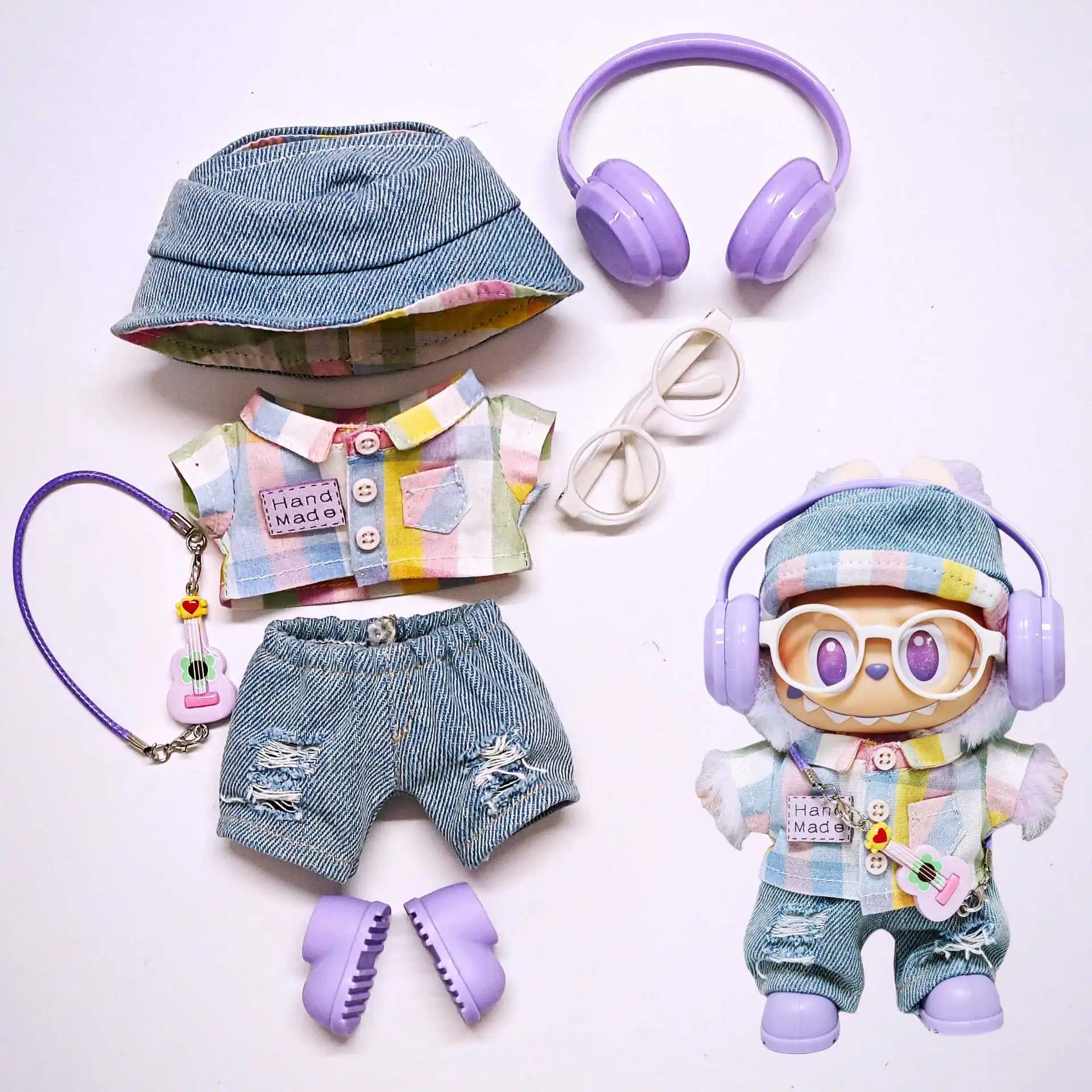 

Clothes or Labubu 1st-3rd Gen 15/17cm Dolls Trendy Plaid Denim Outfit Set - Colorful Checkered Shirt Distressed Shorts