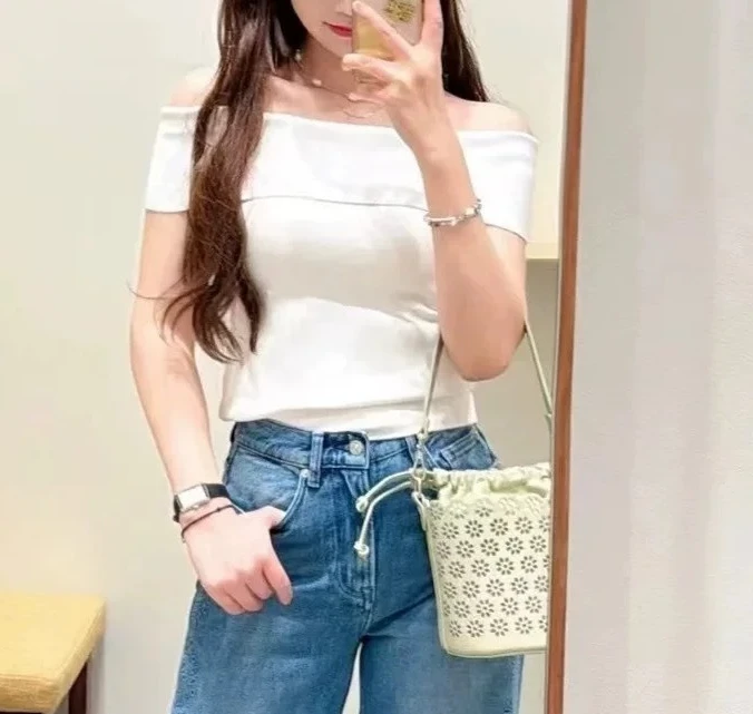 

Women's summer new white one-shoulder knitted sweater short-sleeved elastic casual top