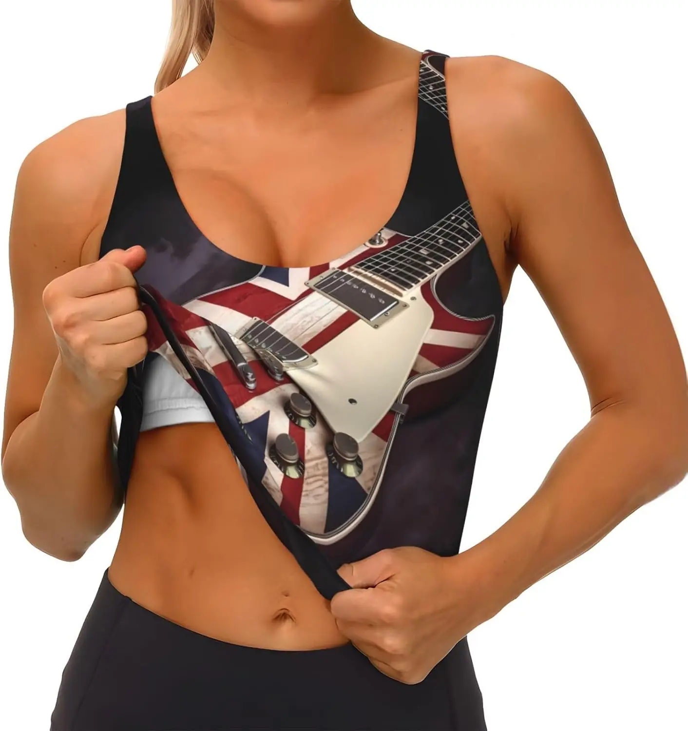 กีตาร์ธงอังกฤษพิมพ์สตรีกีฬาเสื้อกั๊กเต้นรําโยคะเสื้อกั๊กพิมพ์กีฬา Bra Top Vest