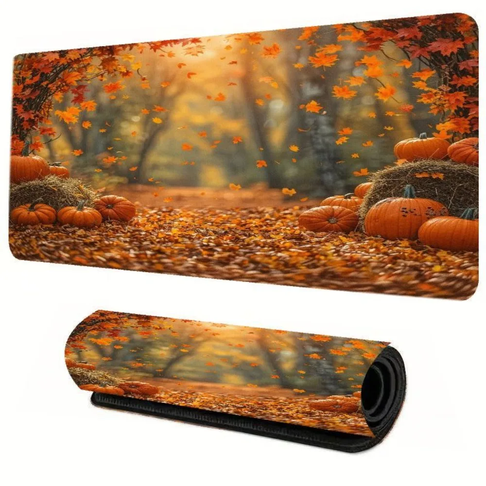 Autumn scenery mouse pad, suitable for offices and homes. Featuring orange fallen leaves, pumpkins and foggy background patterns