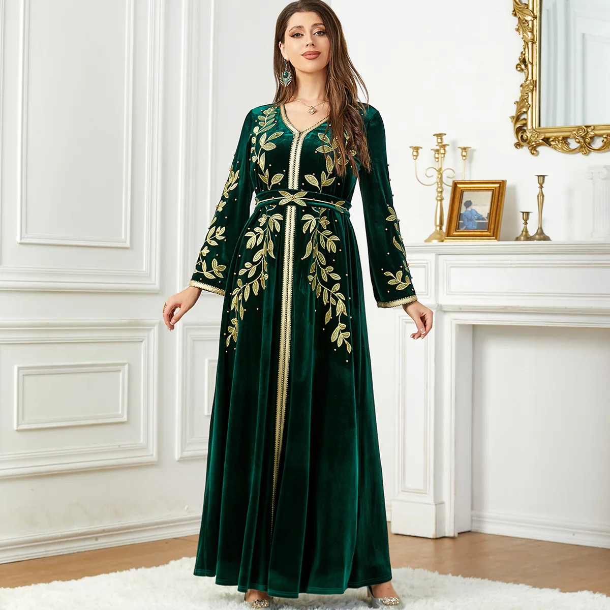 abaya muslim women solid color Autumn and winter embroidered beaded velvet dress traditional muslim clothing accessories 3753