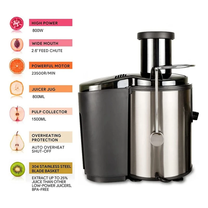 Frutas e vegetais máquina juicer, 800w, 2. boca larga 6 polegadas, configuração de 2 velocidades