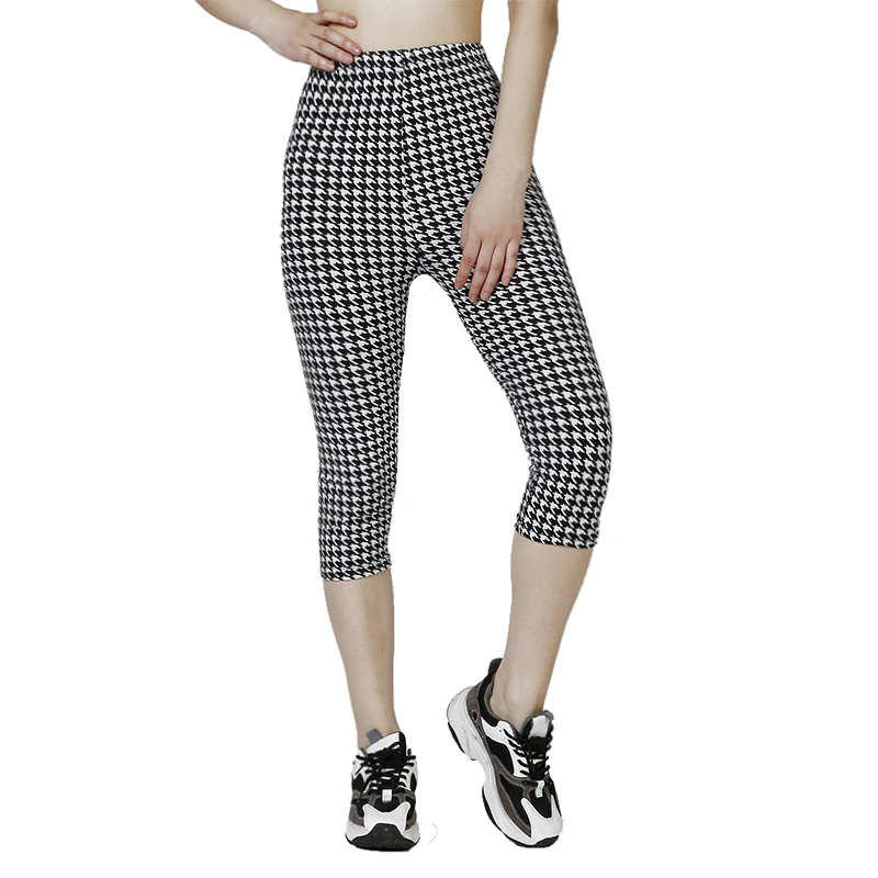 QR25 Canine Tooth Thousand Bird Checker Printed Bottom Pants Capris Fitness Sports Elastic Short Legged Tight Pants