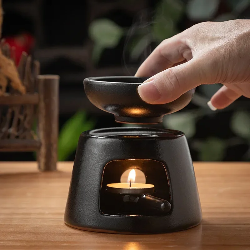 3 in 1 Black Essential Oil Stove Ceramics Candle Heating Holder Japanese Style Tea Warmer Set for Home Fragrance Ornaments