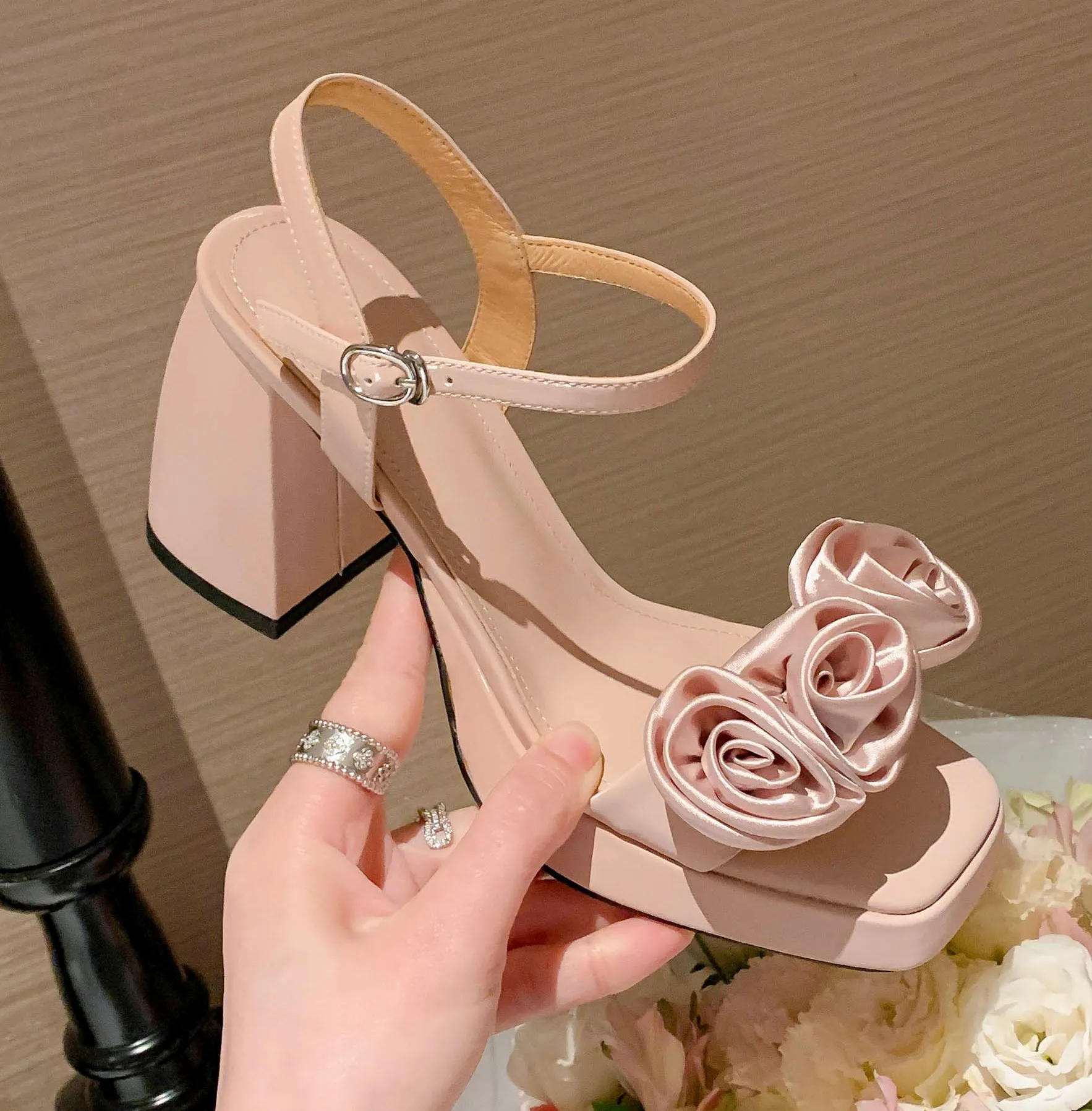 

Gorgeous French Stereoscopic Rose High Heel Sandals with Genuine Leather Customized Increase of 9cm Thick Heel Women's Sandals