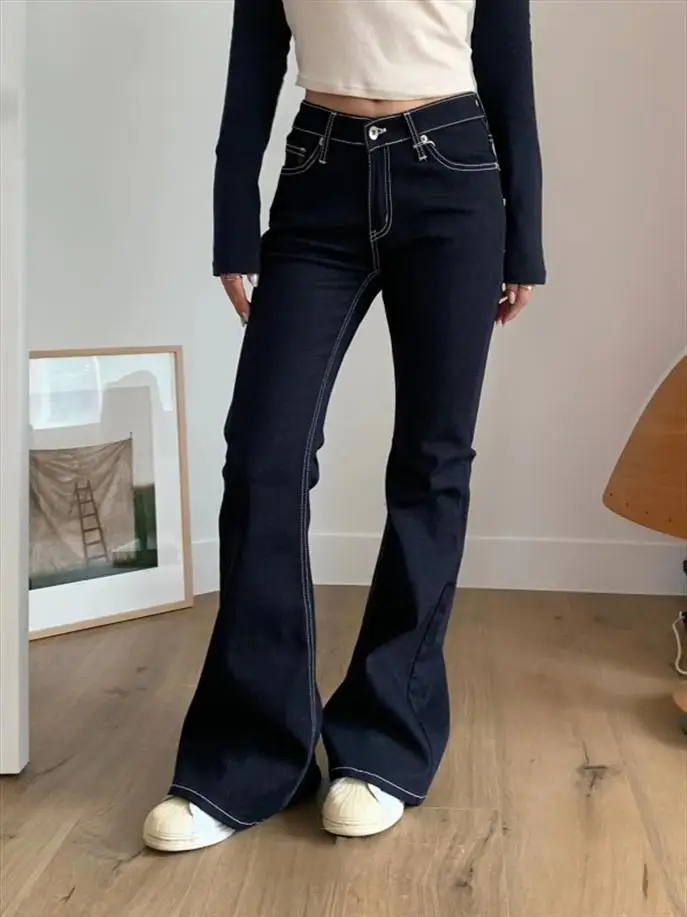 

Deep Blue Low Waist Stretchy Slimming Booty Enhancing Micro Flared Floor Length Women's Jeans Cotton Stretch Denim