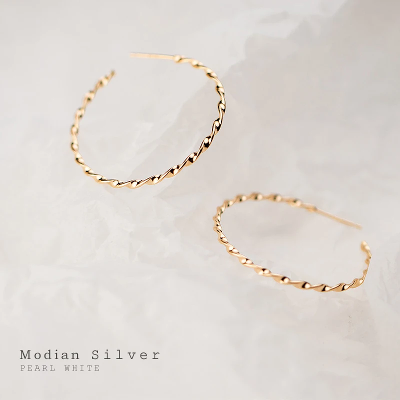 Modian 2021 New Gold Color Geometric Round Twist Earring for Women Fashion 925 Sterling Silver Hyperbole Hoop Earring Jewelry