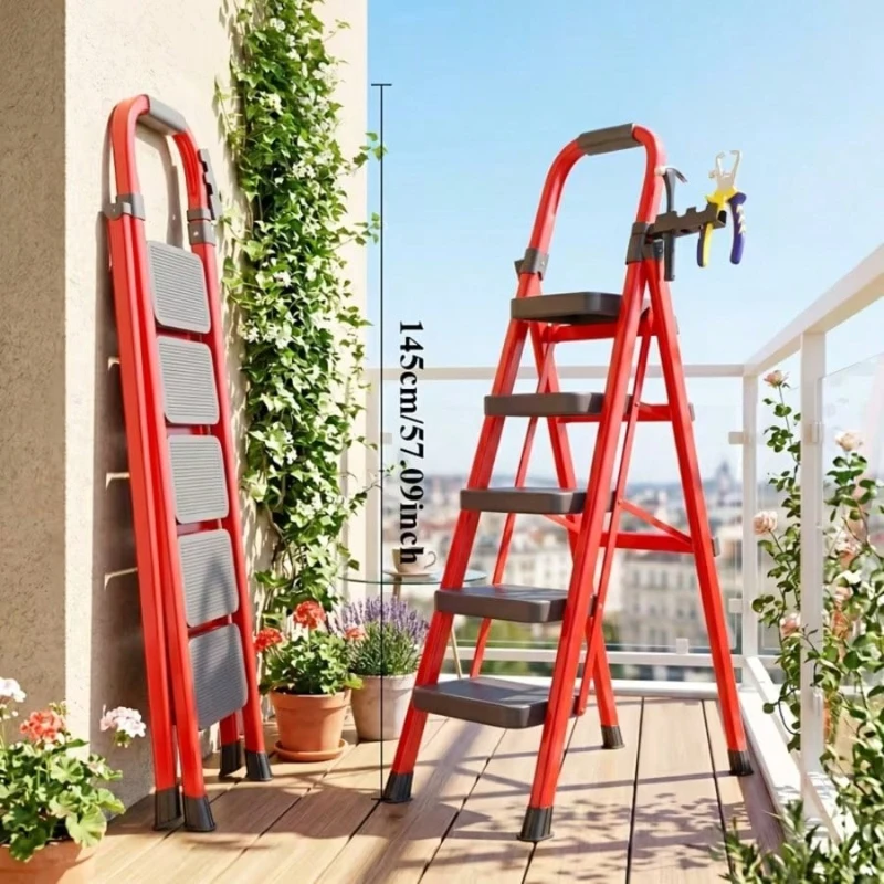 Folding Ladder 5 Step 490 Lbs Anti Slip Wide Pedals Safety Locks Rust Resistant for Home Garage Outdoor Industrial