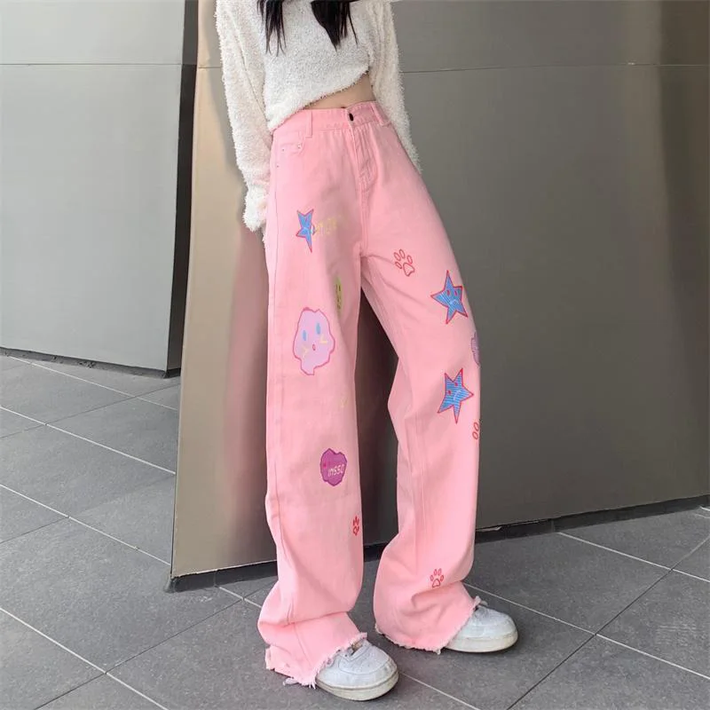 Jeans de dessin animé rose pour femmes, pantalons taille haute, à jambes larges, à la mode, version printemps et été, pantalons pour femmes