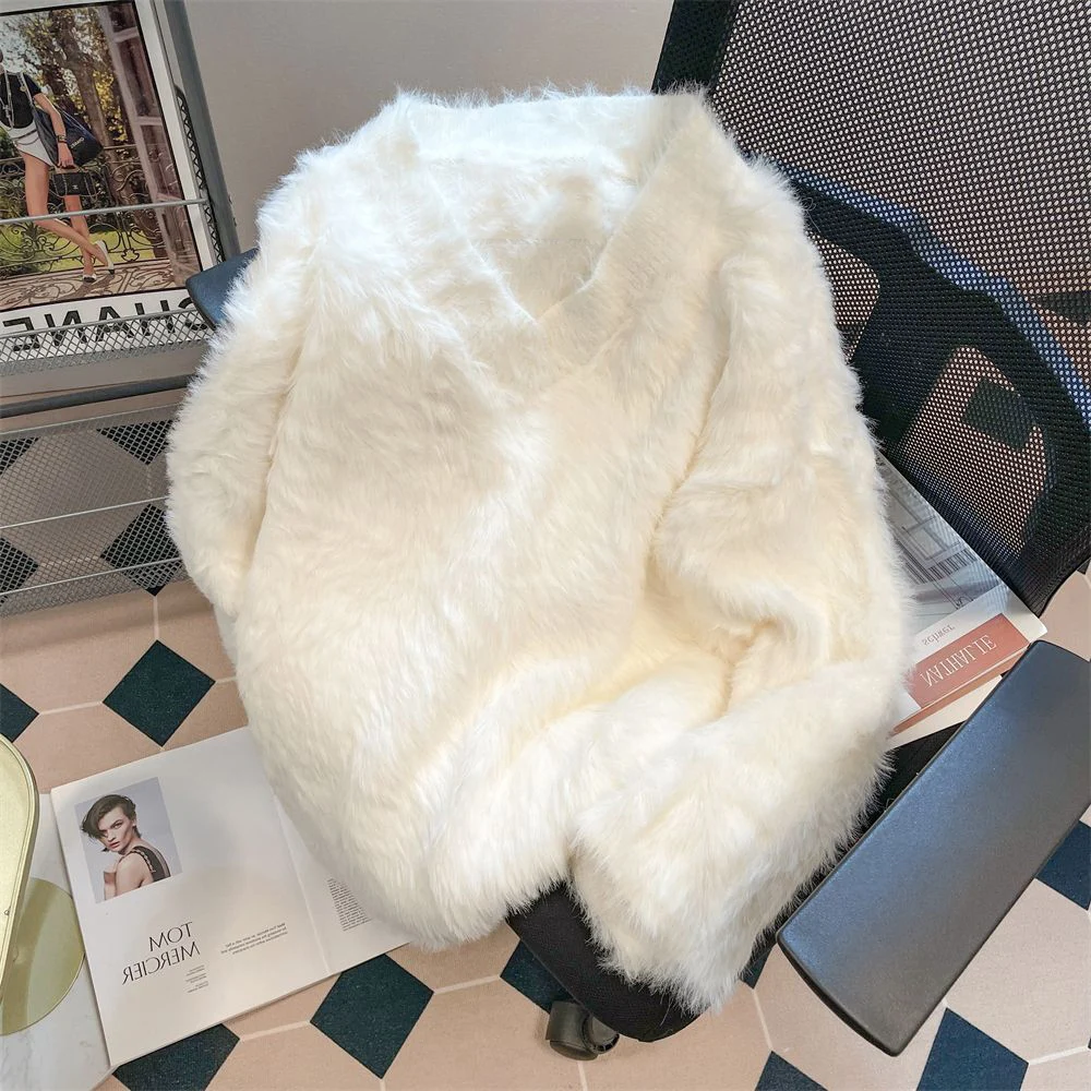 

Мягкий свитер из искусственного норкового меха с v-образным вырезом, женский зимний однотонный белый толстый вязаный свободный пуловер, топ, повседневная верхняя одежда, одежда