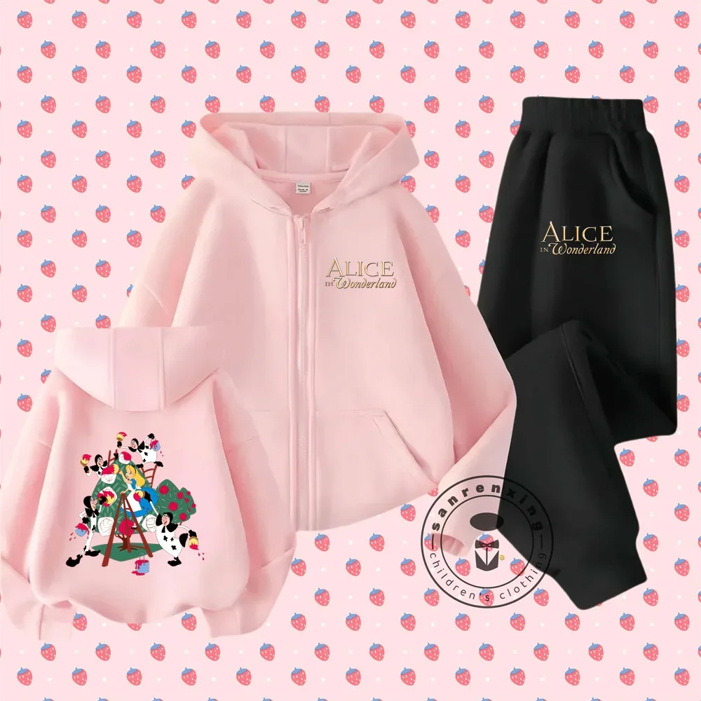 Geweldige Alice in Wonderland Kinderen Rits Hoodie Set Disney Cartoon Print Herfst en Winter Sweatshirt met lange mouwen Jongens