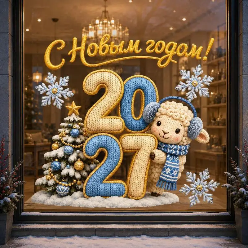 #Self‑Adhesive 2027 New Year Window Sticker Cute Knitted Sheep Snowflake