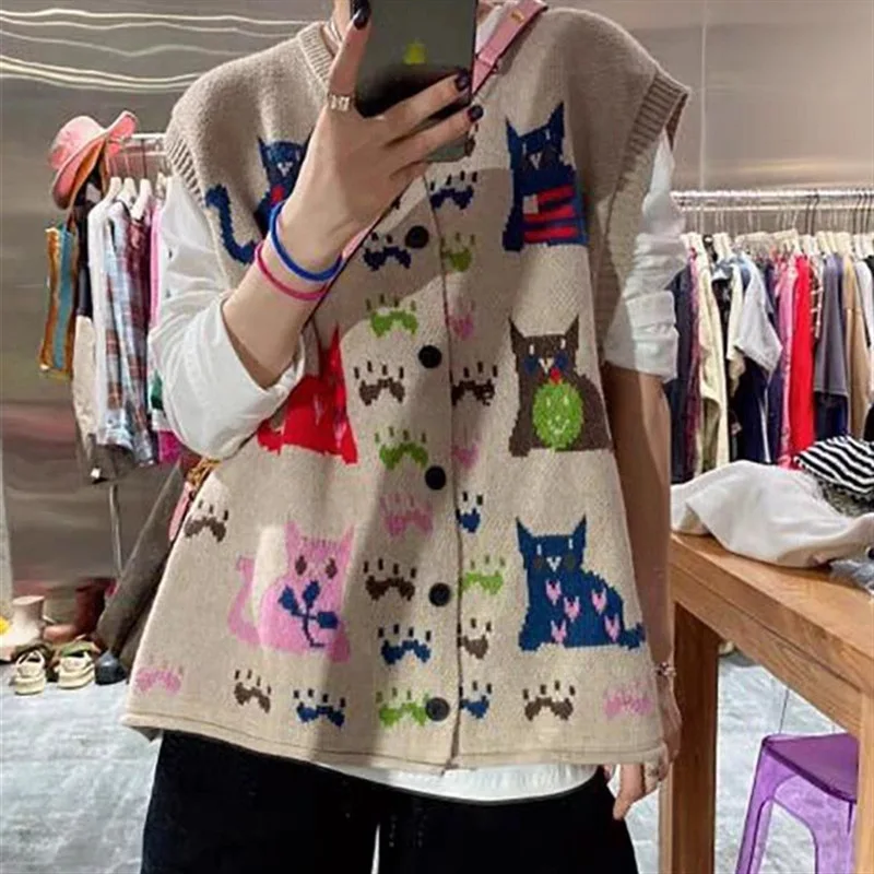 

Fashion Top Korean Spring and Autumn New Collection Color Cartoon Retro Single Breasted Knitted Women's Top