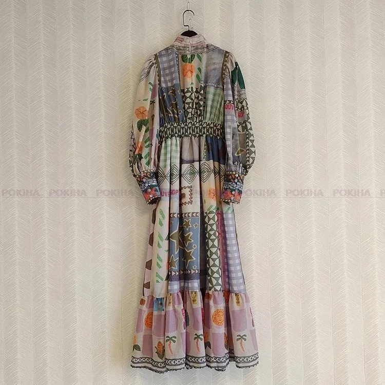 Stand Collar Vintage Printed Vintage Long Dress Princess Sleeves Big Hem Loose Maxi Dress Casual Fashion Women Elegant