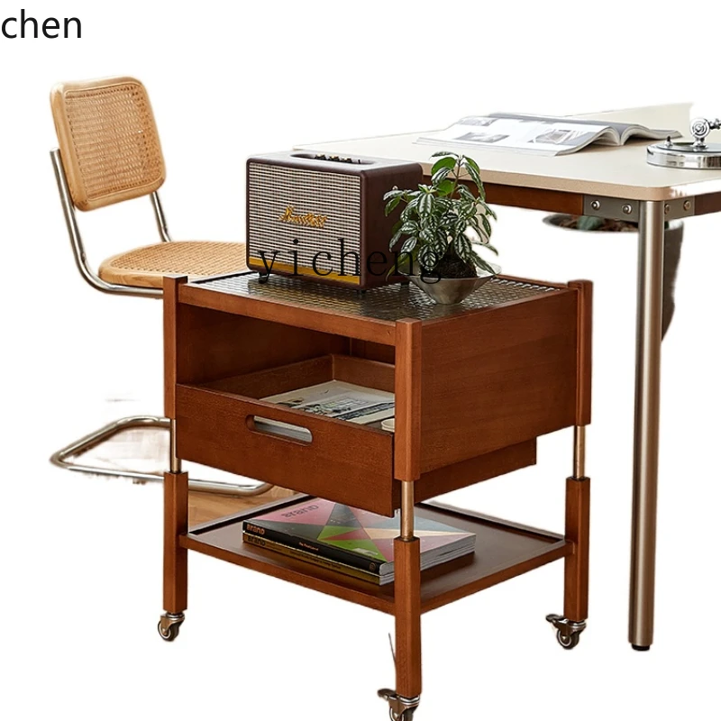 YFY Solid Wood Storage Rack Light Luxury Tea Small Bar Table Storage Rack Movable Trolley