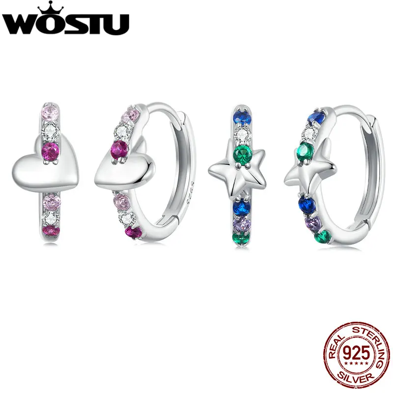 WOSTU 925 Sterling Silver Colorful Star Rainbow Heart Hoop Earrings Women Colored Zircon Ear Buckles Girl Birthday Jewelry Gift