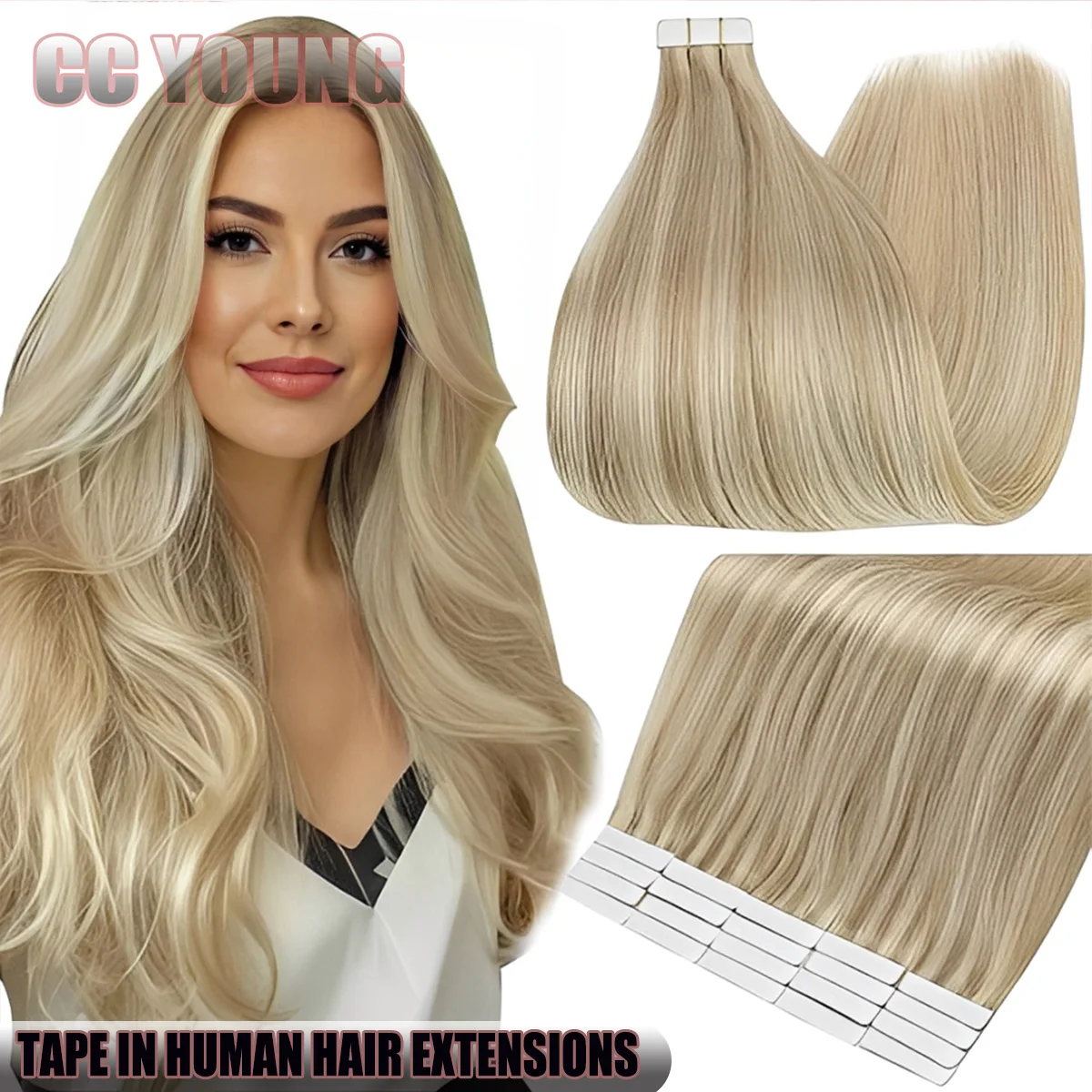 

20 шт., накладные человеческие волосы на ленте, 100% Remy Ash & Bleach Blonde, смешанные блики, для добавления волос, длина и объем для женщин, 50 г