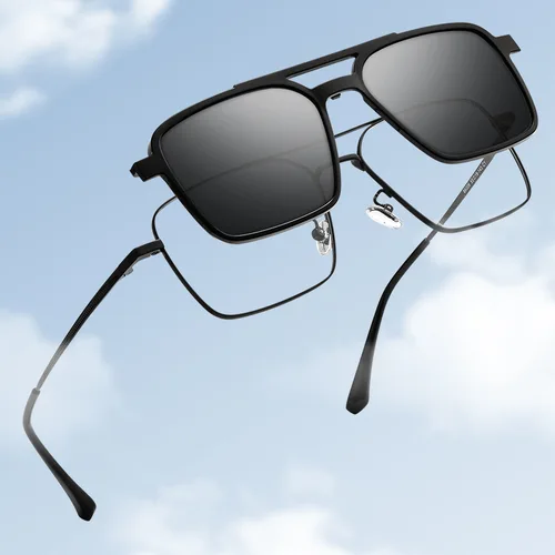 Imagen 2 del producto Gafas de sol polarizadas clásicas con Clip para hombre, gafas de sol piloto de doble haz, montura de aleación de titanio, gafas ópticas Retro