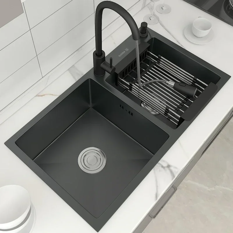 

Кухонная мойка с двойной чашей из нержавеющей стали 304 — с смесителем, темно-серая, верхняя часть/под креплением для овощей