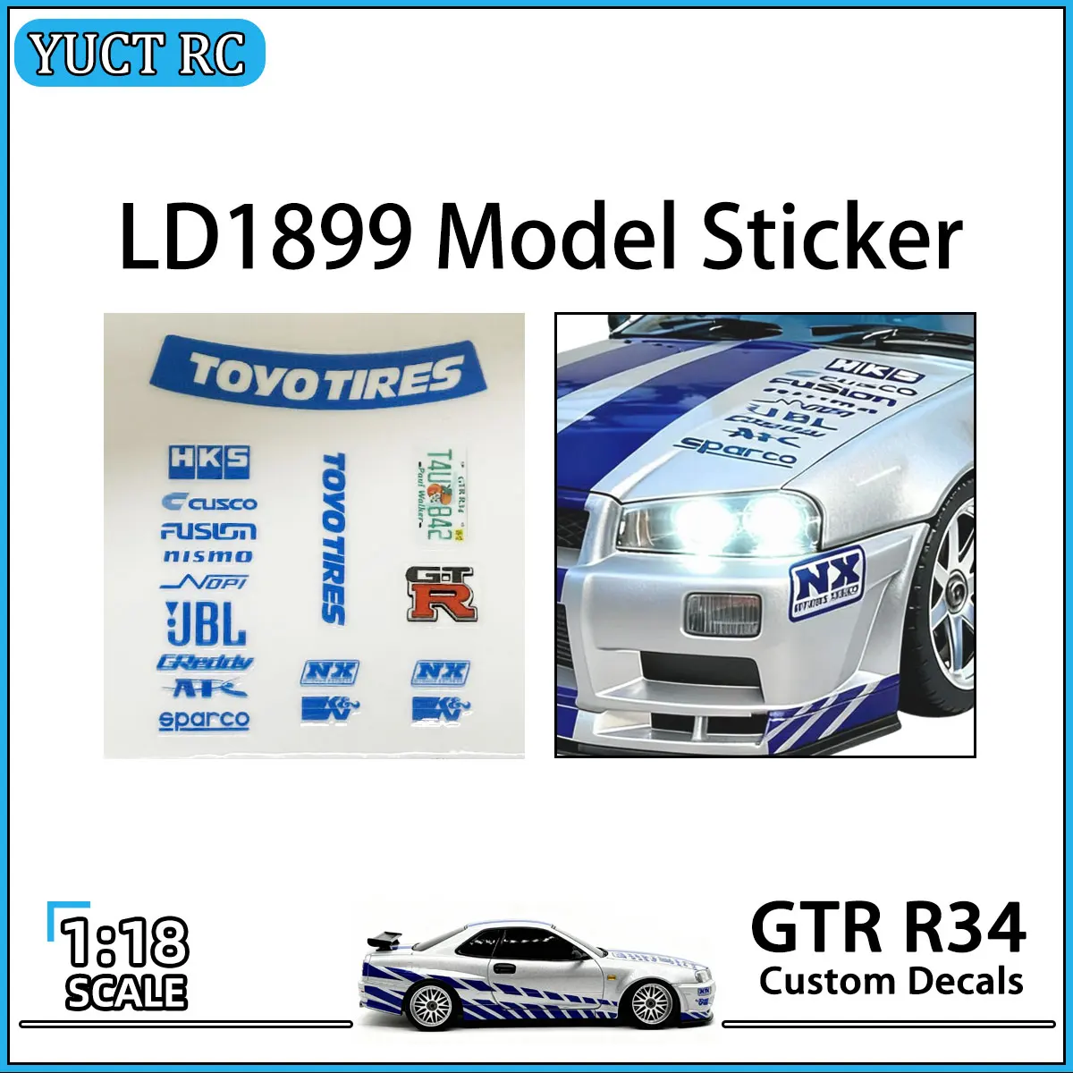 LDRC LD1899 1/18 RC Drift Car Upgrade Parts GTR R34 Model Sticker 1:18 Scale Custom Decals for LD1801 LD2801 LD1899 RC Car