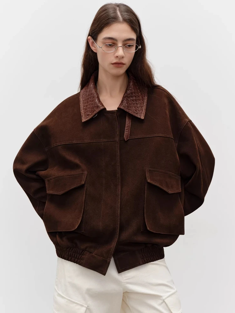 

Genuine Leather Jackets for Women Spring Autumn High-end Simple Woven Lapel Design Vintage Loose Deer Texture Real Goatskin Coat
