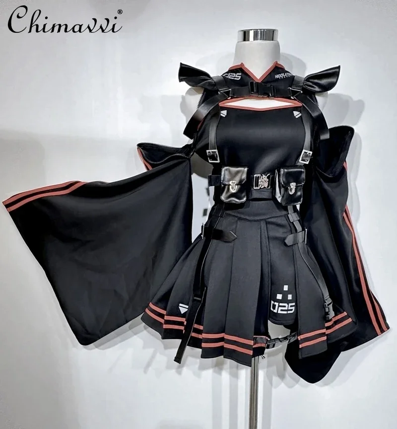 

Japanese Punk Style Dark Girls Skirt Sets Mine Series Mechanical Flare Sleeve Jacket Suspender Pleated Skirt Gothic Three-piece