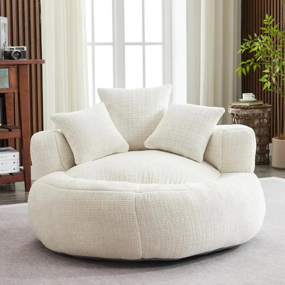 White Bean Bag Chairs for Adults, Modern Oversized Round Bean Bag Sofa Couch with Cozy Pillows & Filler, Comfy Stuffed