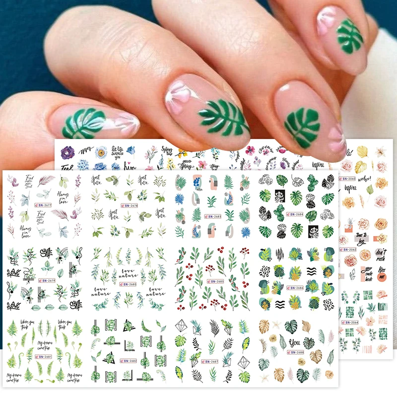 12 Designs Autumn Nail Stickers Maple Leaves Plantain leaf Nail Art Water Decals Transfer Sliders For 3D Nails Decoration