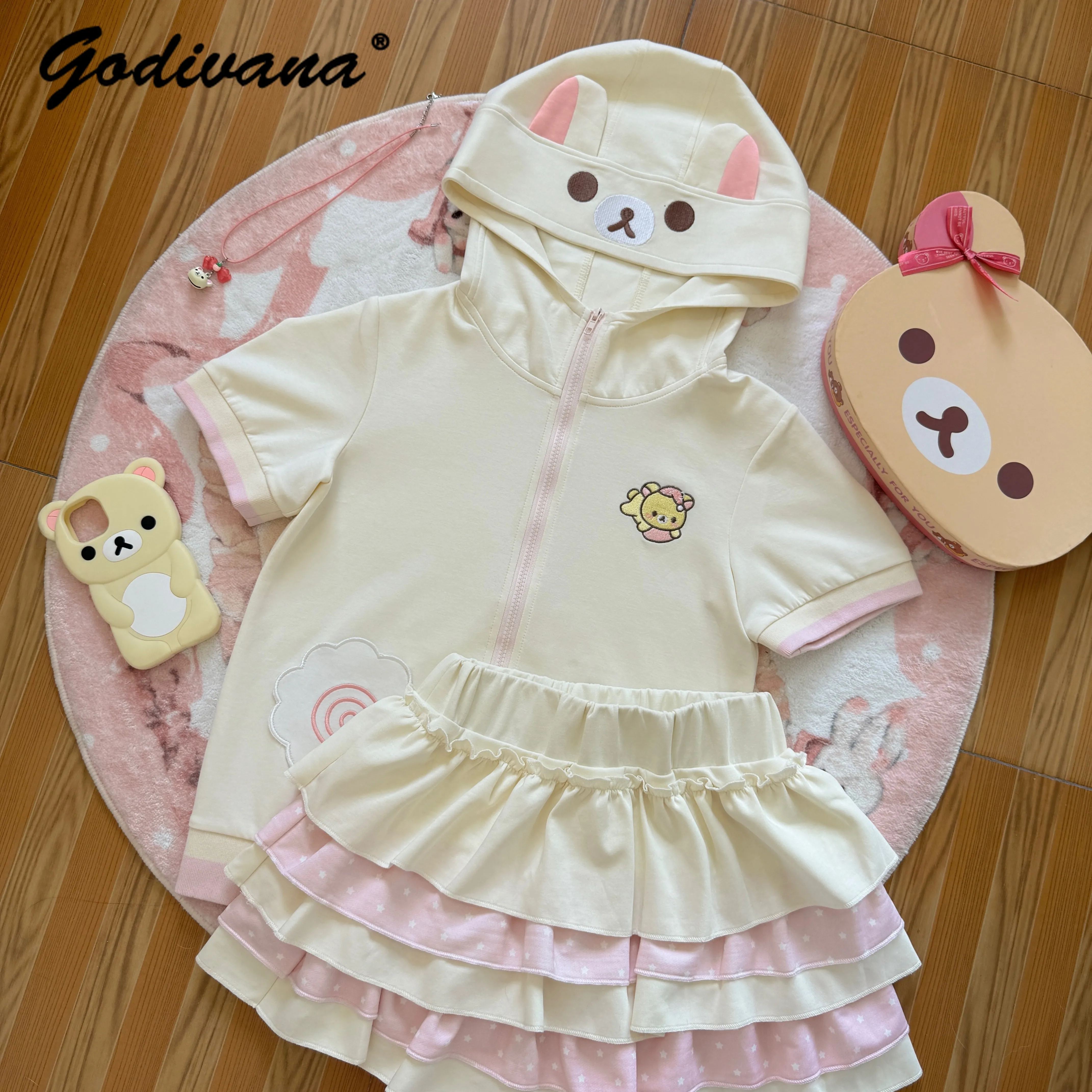 

Original New Summer Daughter Girls Sweet Cute Cartoon Hooded Short-sleeved Zipper Jacket Multi-layer Tutu Skirt Two-piece Set