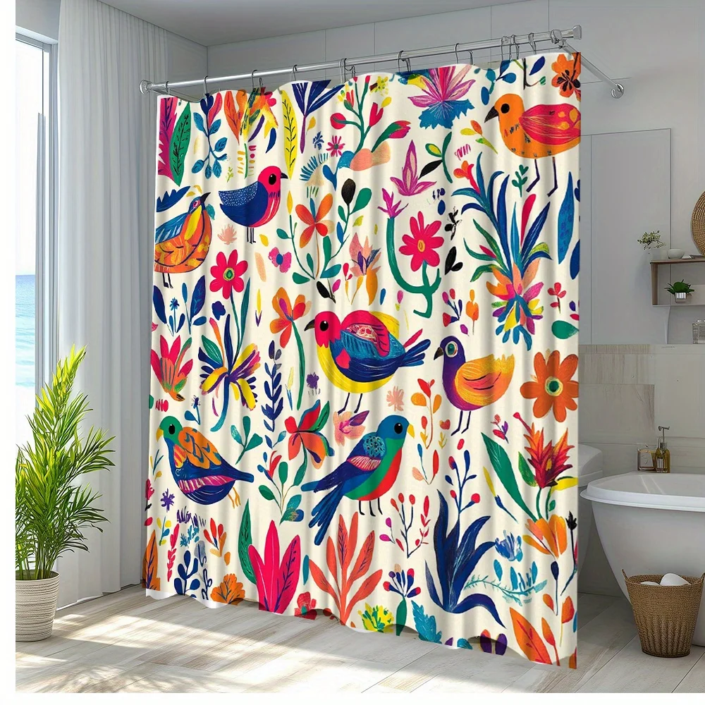 

1 шт., красочная занавеска для душа с птицами и цветами — яркий декор для ванной комнаты с тематикой природы, прочная полиэфирная ткань, 70,8x70,8 дюймов