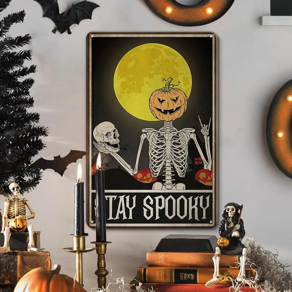 Vintage Retro Tin Sign plaques Wall Decor Skeleton Stay Spooky Metal Poster