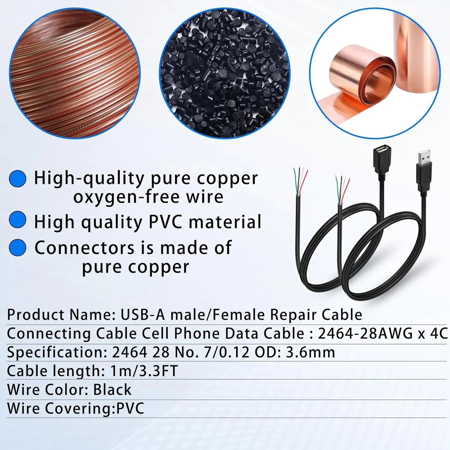 Micro USB 2.0 A Female Male Jack Power Supply Extension Cable 4 Pin 2 Pin 4 Wires DIY Data Line Charging Cord Type-C Wire 1m 2m