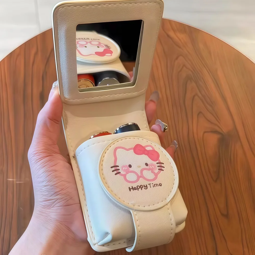 Olá kitty moda portátil espelho de maquiagem com saco de cosméticos leve kit de retoque de viagem caso protetor armazenamento melhor presente