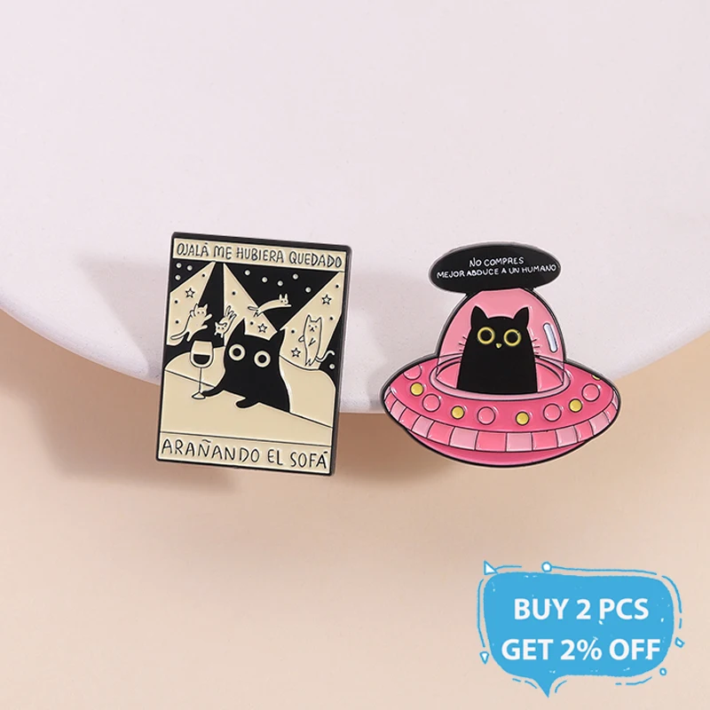 Cartoon Black Big Eyes Cat Enamel Pin Pink Spaceship Alien Kitten Brooches Lapel Backpack Badge Funny Jewelry Gifts For Friends
