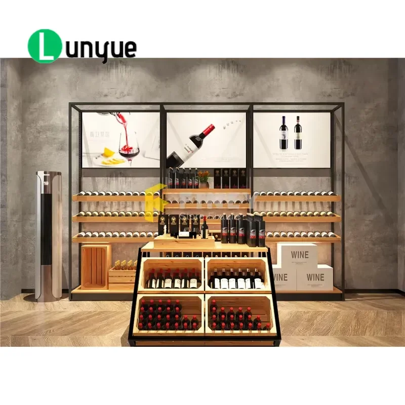 Metal Wood Wall Mounted Wine Bottle Rack Free Standing Floor Display Shelf for Liquor Bar Counter Customizable Wine Storage