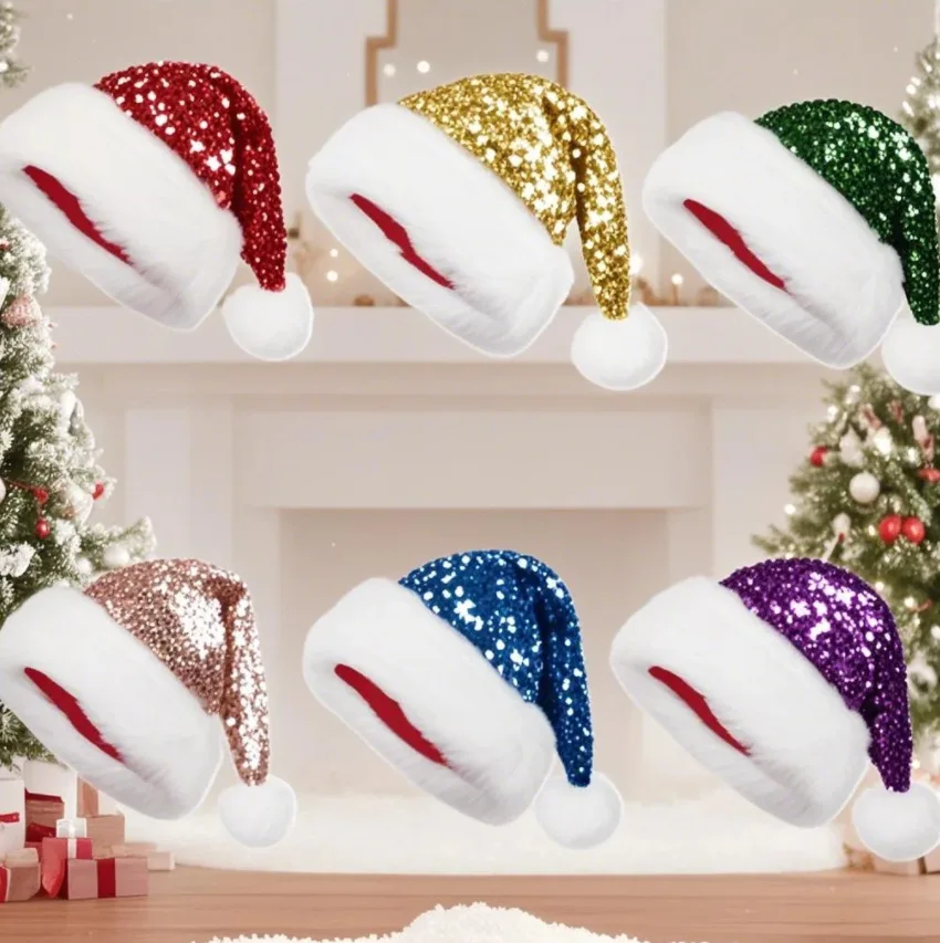 

Christmas Sequin Santa Hat Christmas Decoration Atmosphere Red Double Layer Sequin Sea Plush Hat Christmas Party Hat New Year