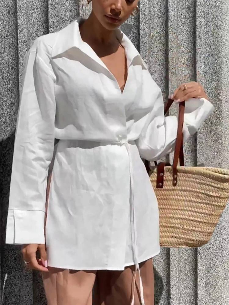 White Cotton Linen Shirts Women Wrap Lace-Up Lapel Casual Elegant Blouses Office Ladies Sunwear 2025 Long Sleeve Top