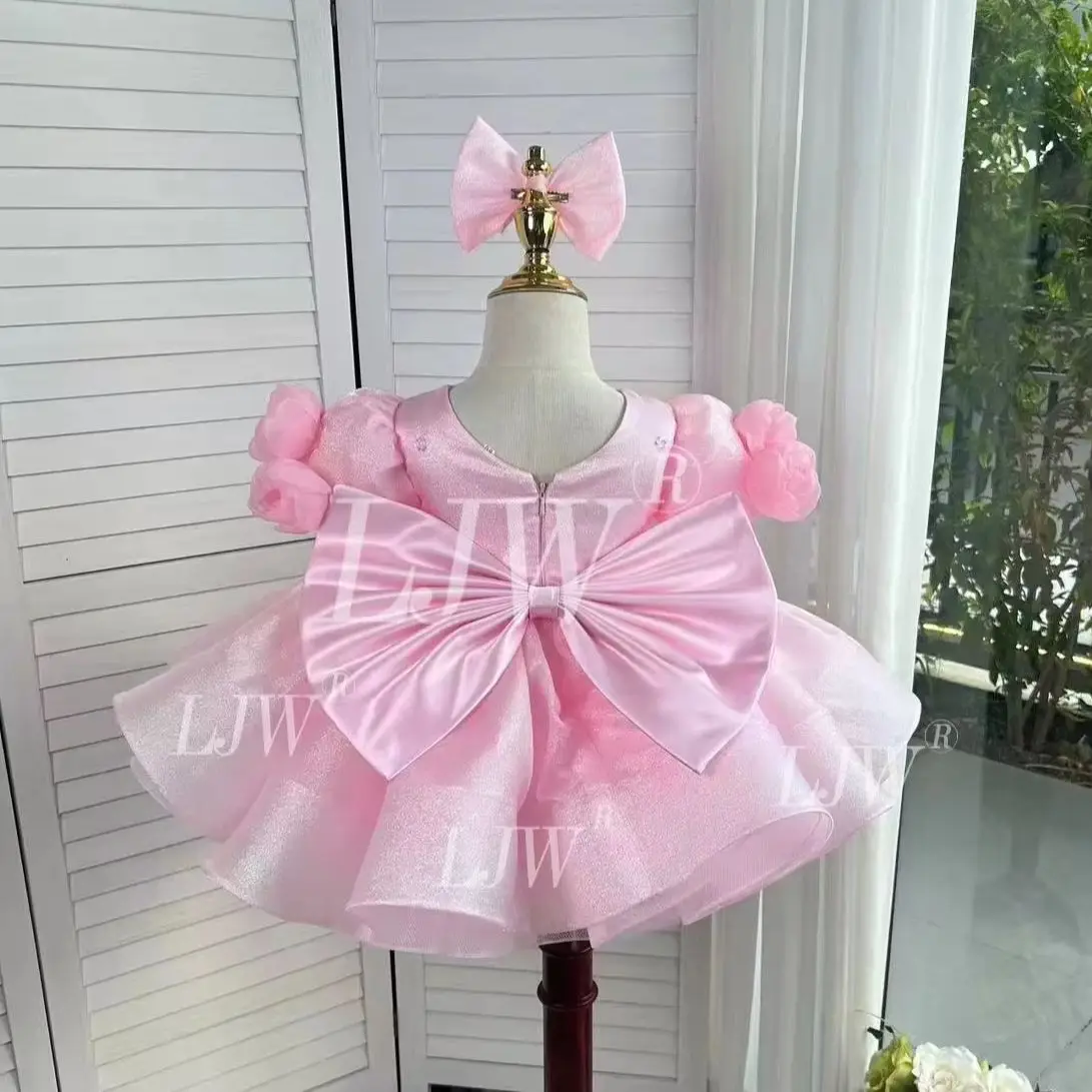 Dreams Pink Sparkly Kids Formal Dress Puff Sleeve pageant dress elegant prom dress Infant 1st Birthday Baptism Flower Girl Tutu