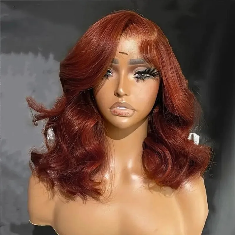 Perruque Bob Lace Front Wig Péruvienne Remy Naturelle, Cheveux Humains, Brun Rousse, 13x4, Densité 200, pour Femme