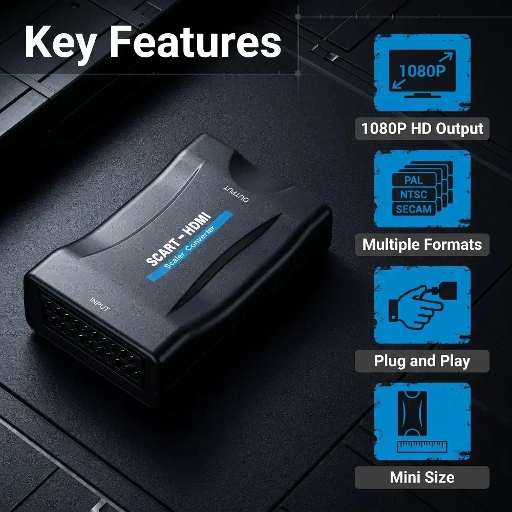 SCART To HDMI-Compatible Converter Adapter 1080P Video Audio Upscale With USB Cable Plug And Play For Sky Box STB HD DVD Player
